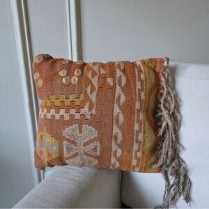 Turkish Tapestry Fringe Rug Throw Pillow Small Muted Colors Orange 12x10 Boho